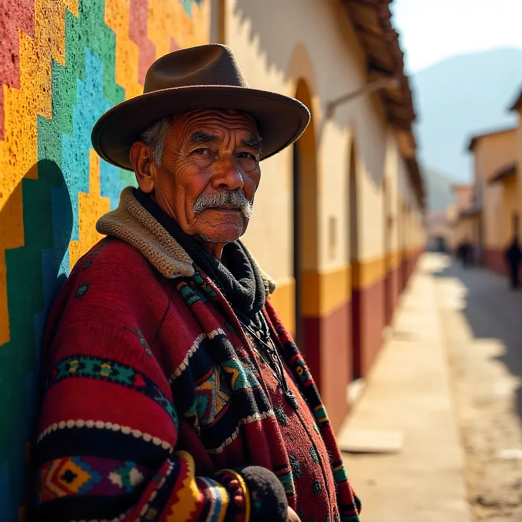 Elderly Peruvian Man by a Colorful Wall