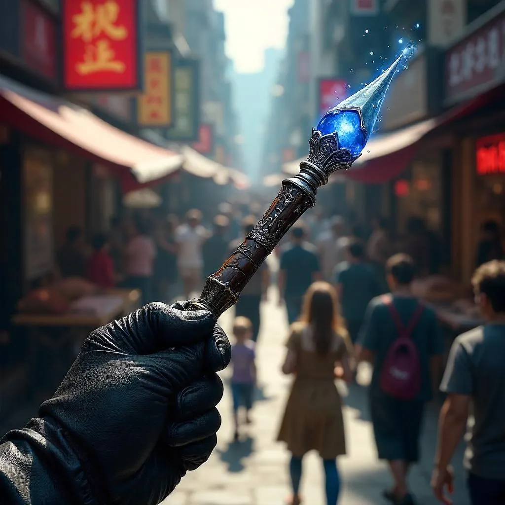 Photorealistic Magic Wand in a Busy Street