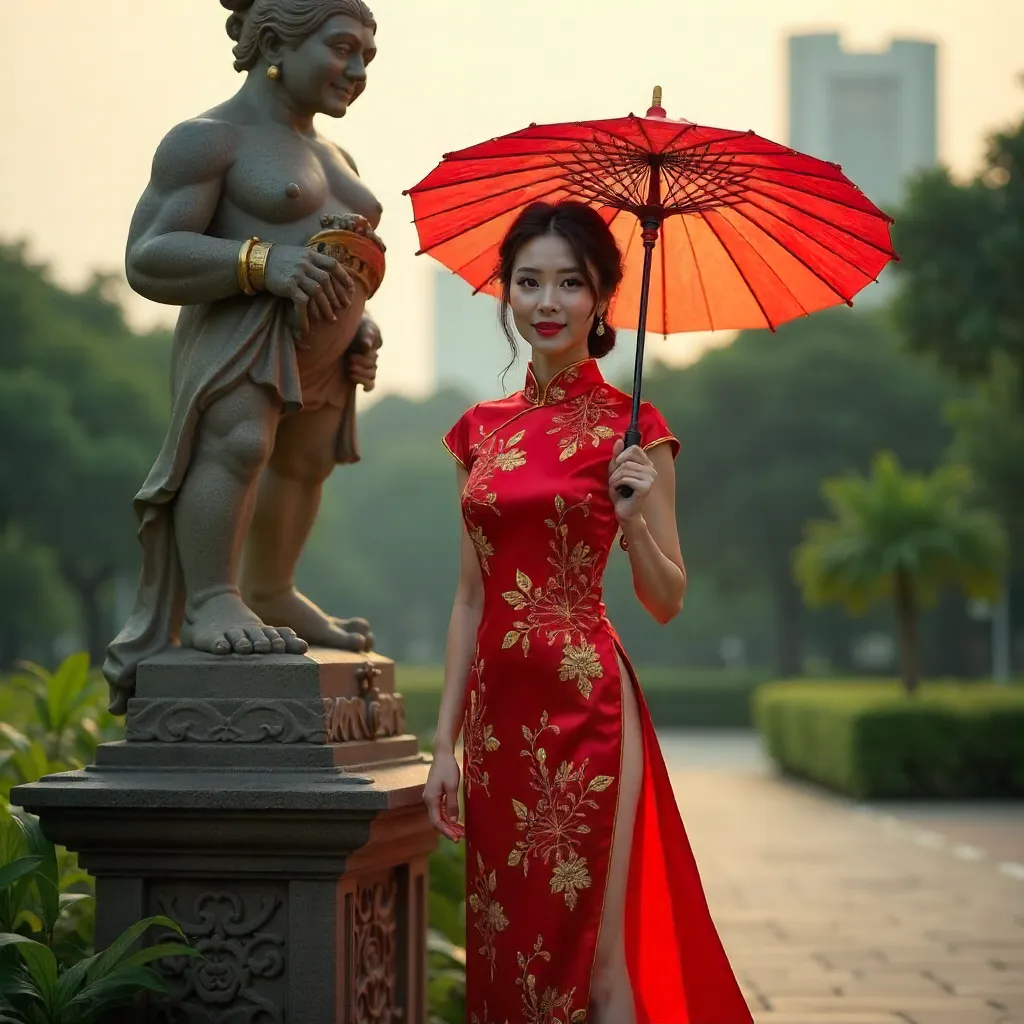 Red Umbrella and Cheongsam in Jakarta by Ornate Statue