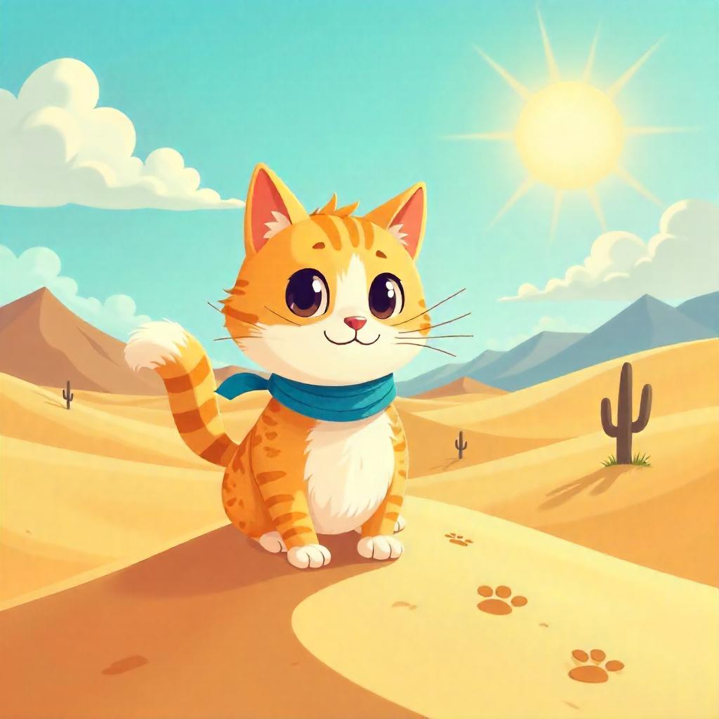 Cartoon Cat Exploring Golden Sand Dunes