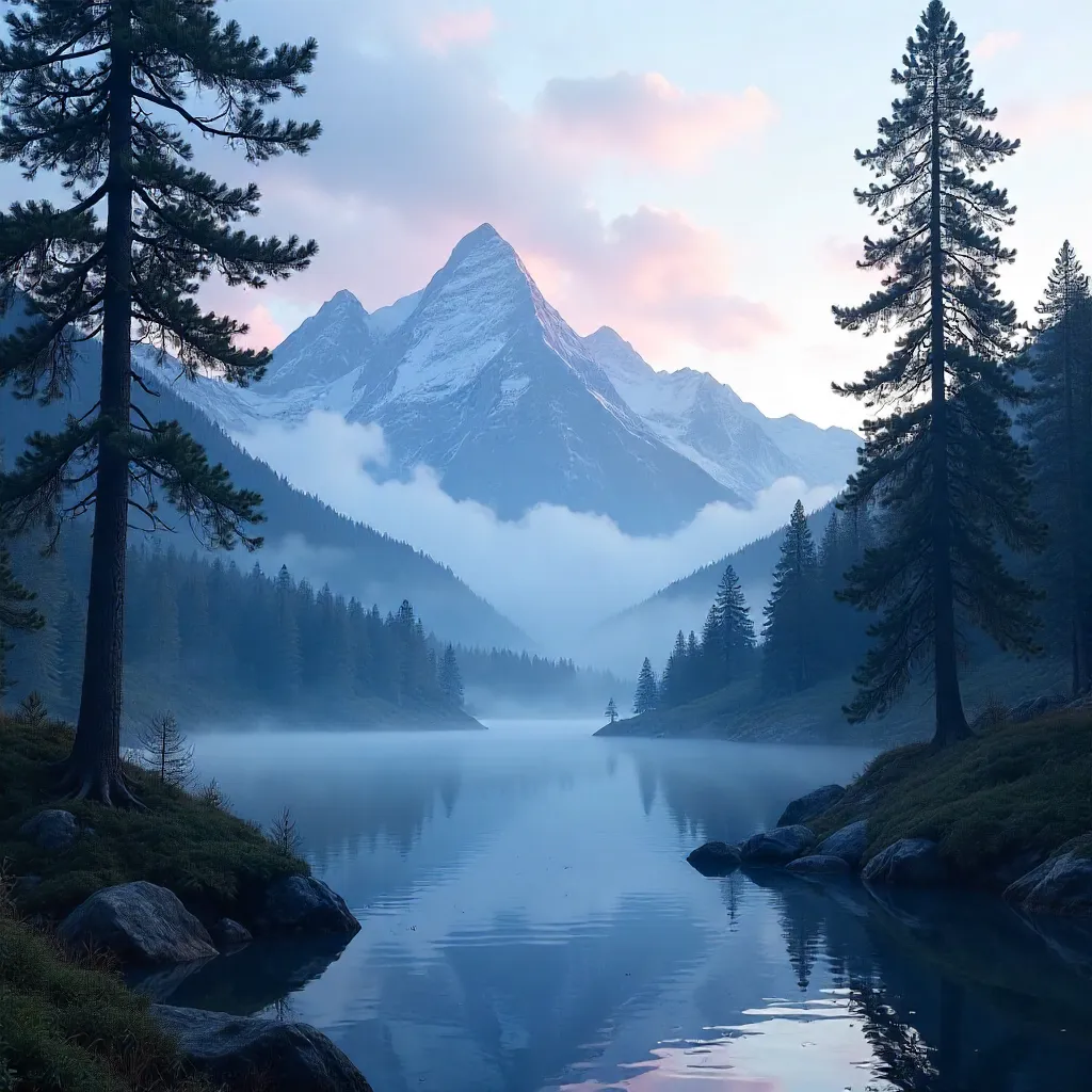 Mist-Kissed Mountain Dawn Framed by Pines