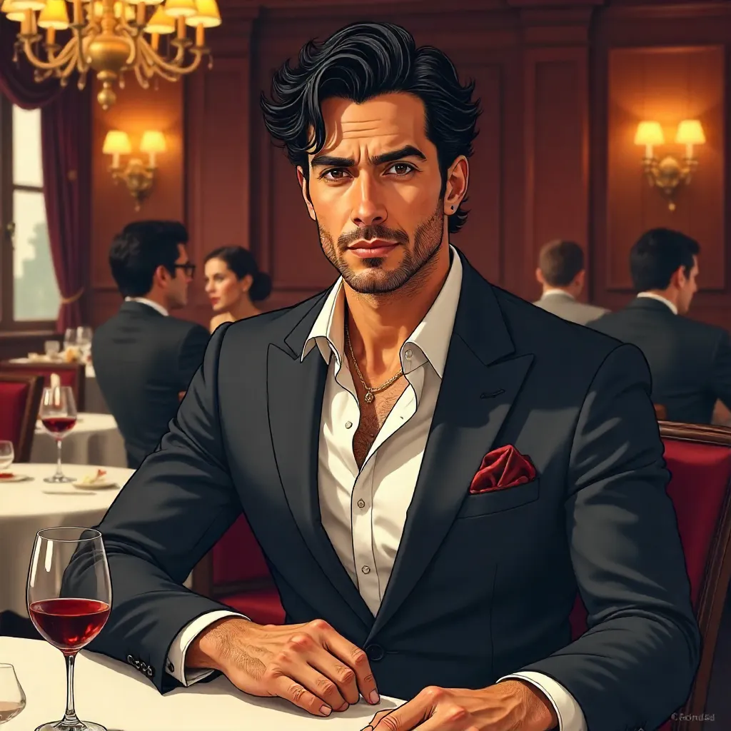 Elegant Latino Man in an Anime Restaurant