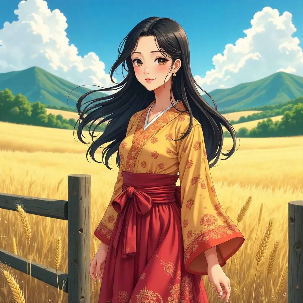 Elegant Asian Woman in Anime Farm Scene