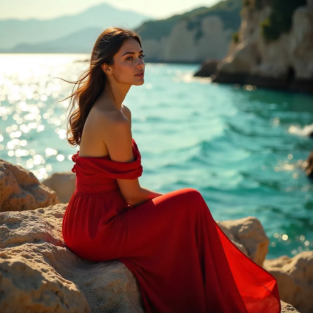 Red Dress Portrait on Antalya's Rocky Shore