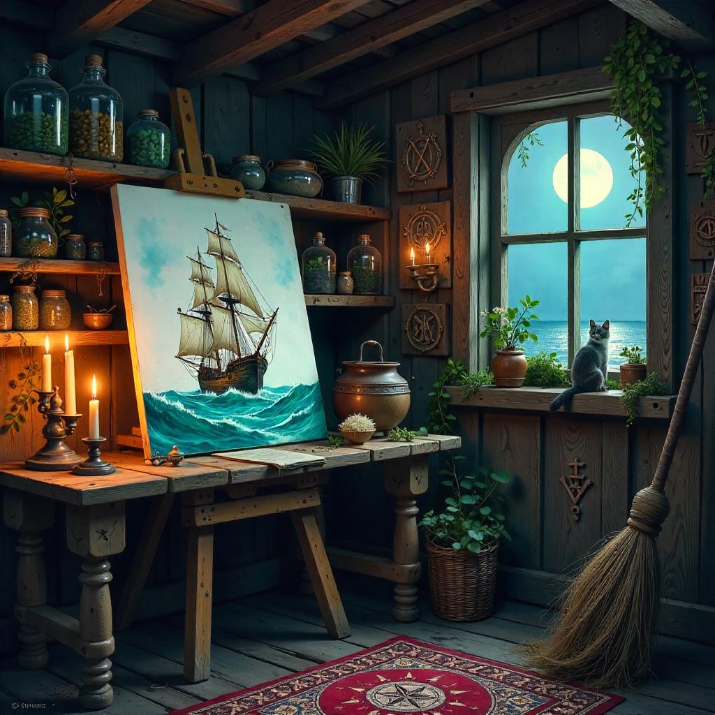 Watercolor Sailing Ship in a Witch's Hut