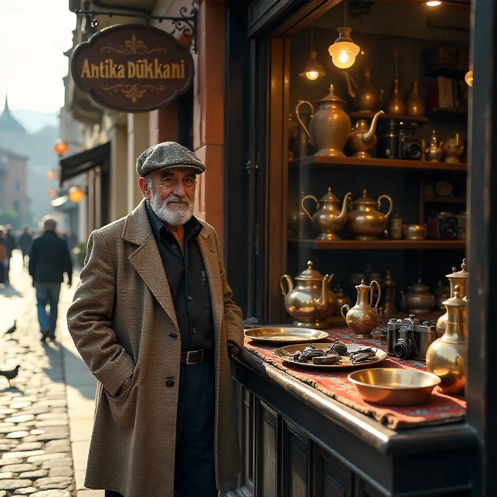 Elderly Man Outside Bursa Antique Shop at Dusk
