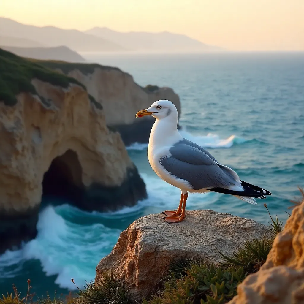 Lesser Black-backed Gull on a Spanish Sea Cliff at Golden Hour