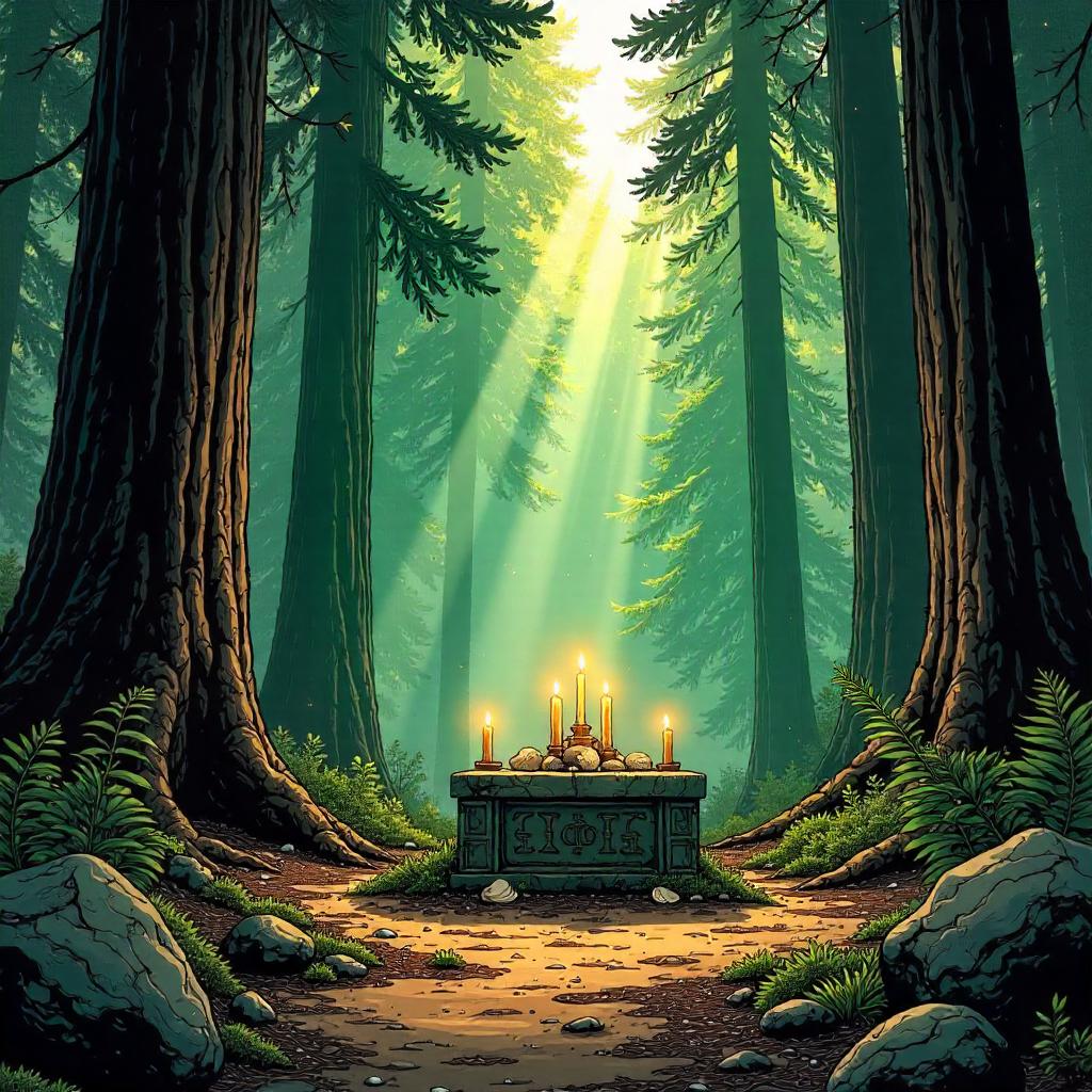 Altar in a Redwood Forest: A Comic Book Scene