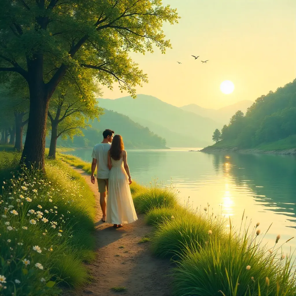 Couple Hand in Hand by a Serene River