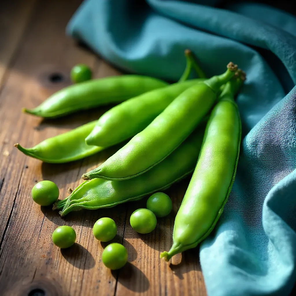 Green Peas on Rustic Wood with Blue Cloth Still Life