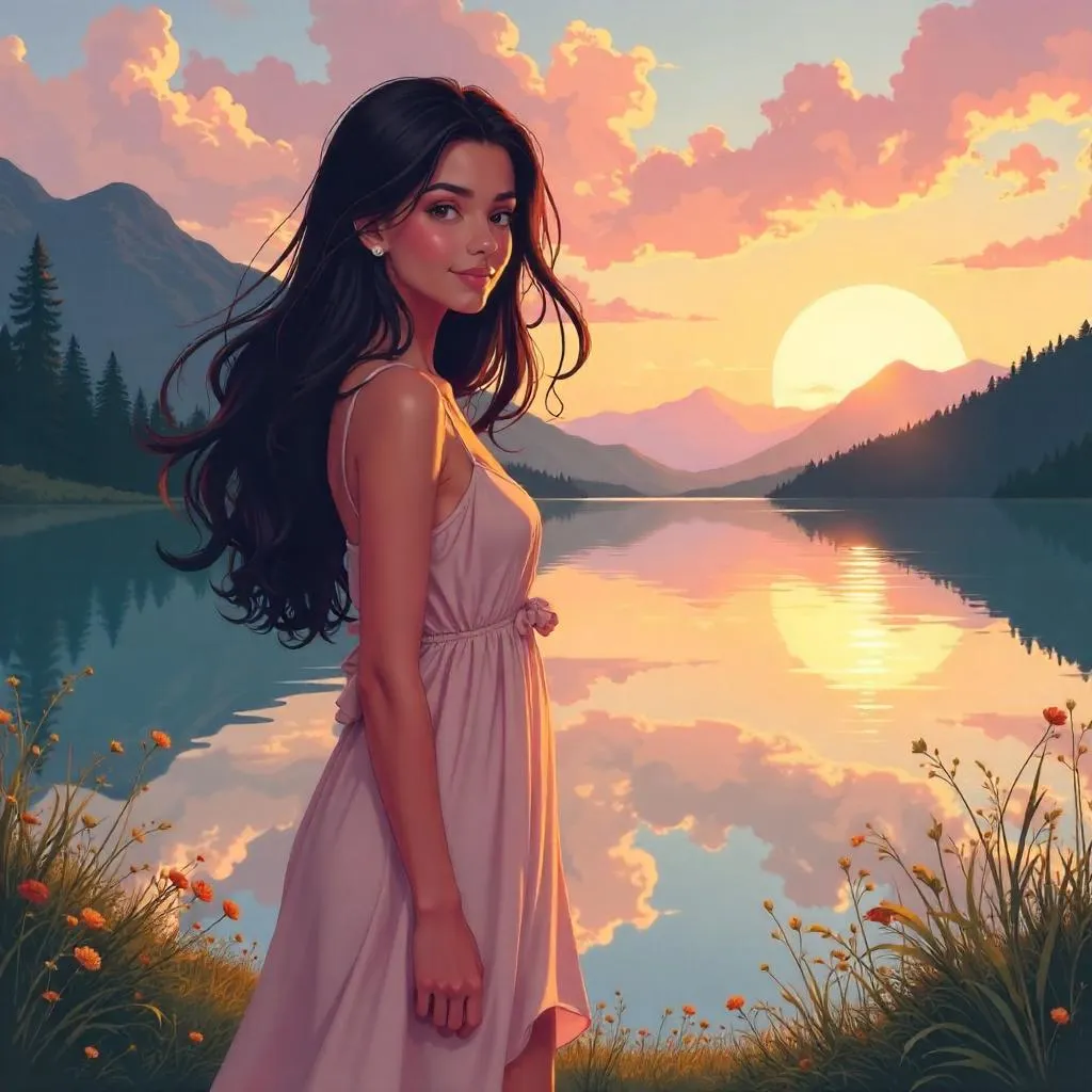 Anime Latina Beauty by a Serene Lakeside