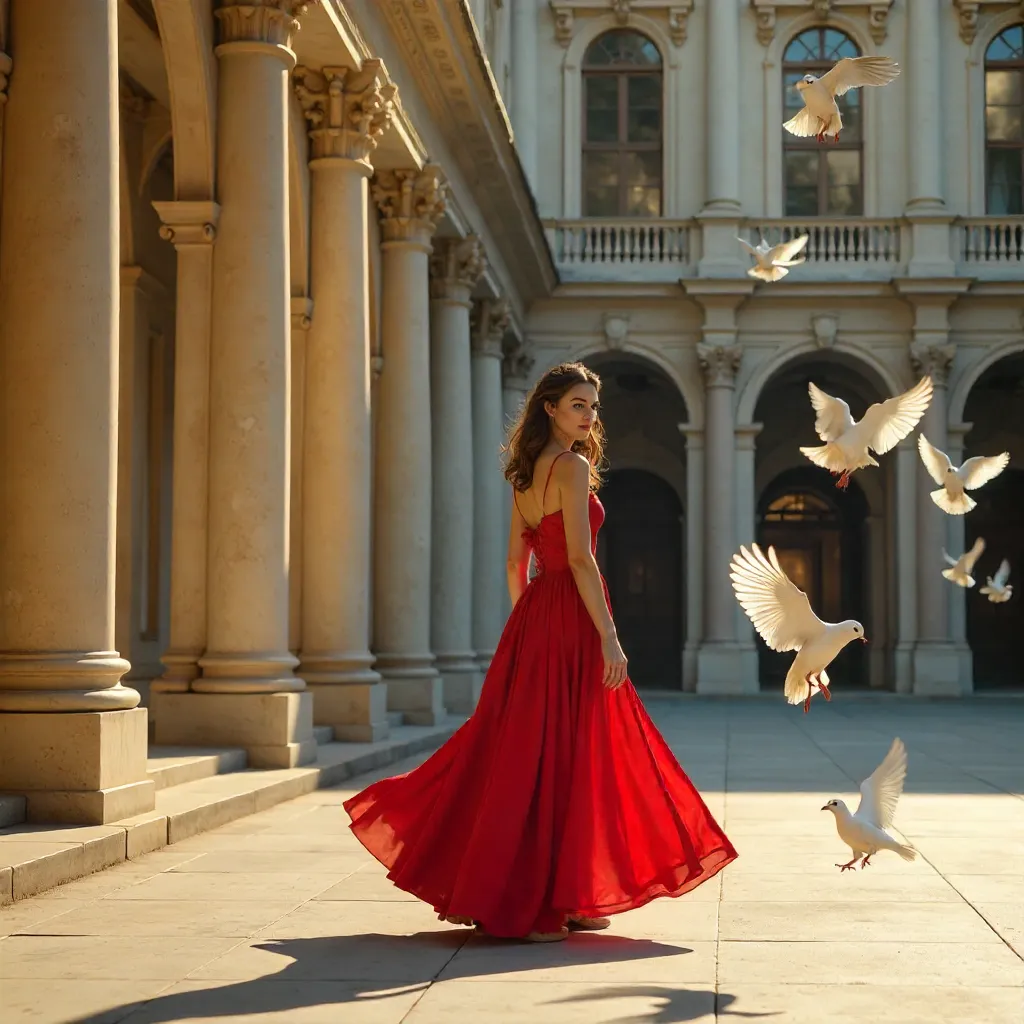 Graceful Woman in Red Among Pigeons Before Ornate Architecture