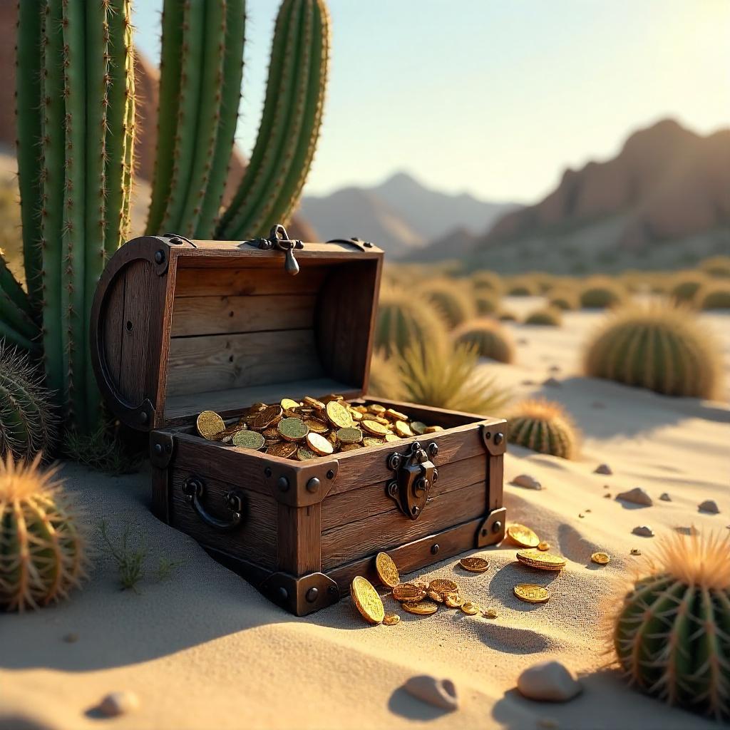 Photoreal Treasure Chest Among Desert Cacti