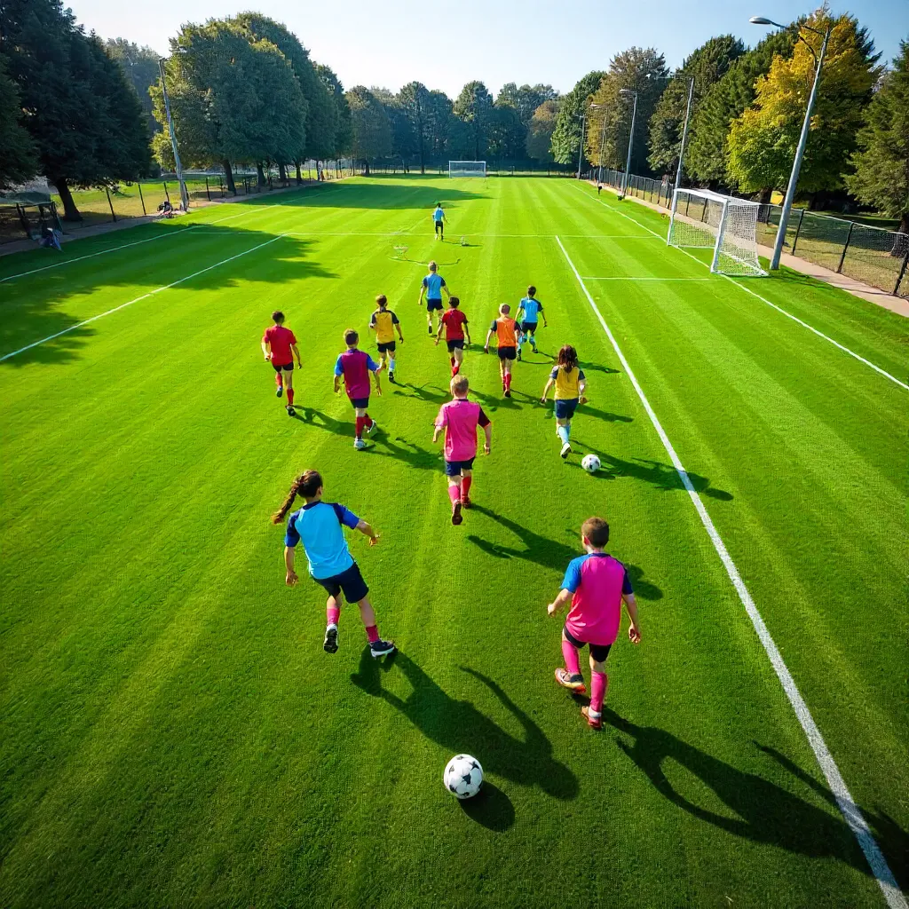 Aerial View of Children Playing Soccer on a Field