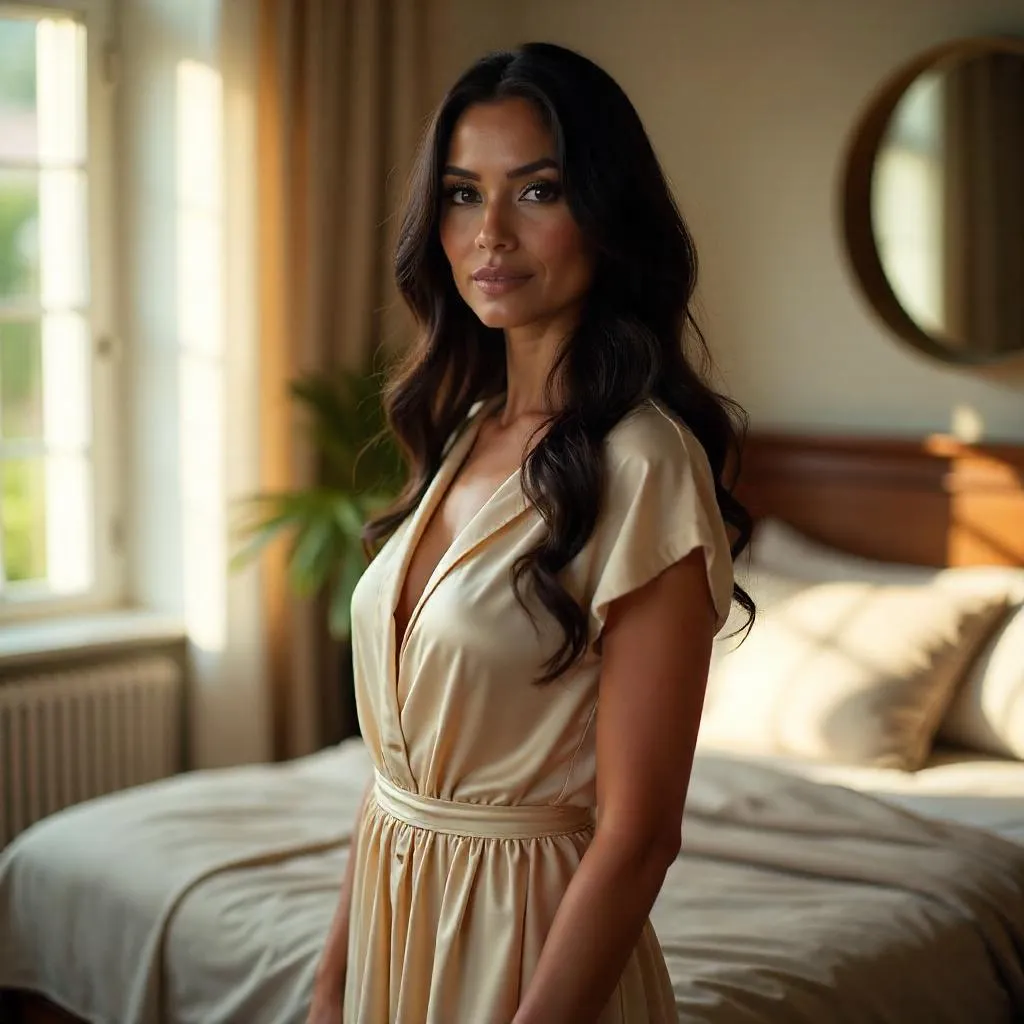 Elegant Latina Woman in a Photorealistic Bedroom