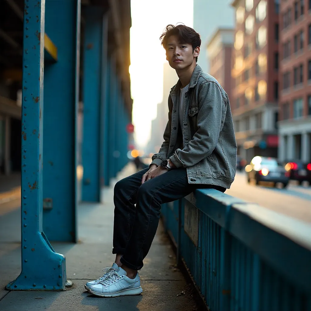 Contemplative Moment on a Blue Urban Structure