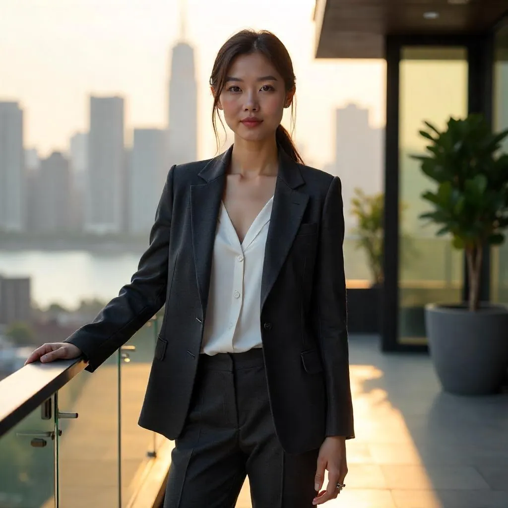 Confident Asian Woman on a Modern Terrace