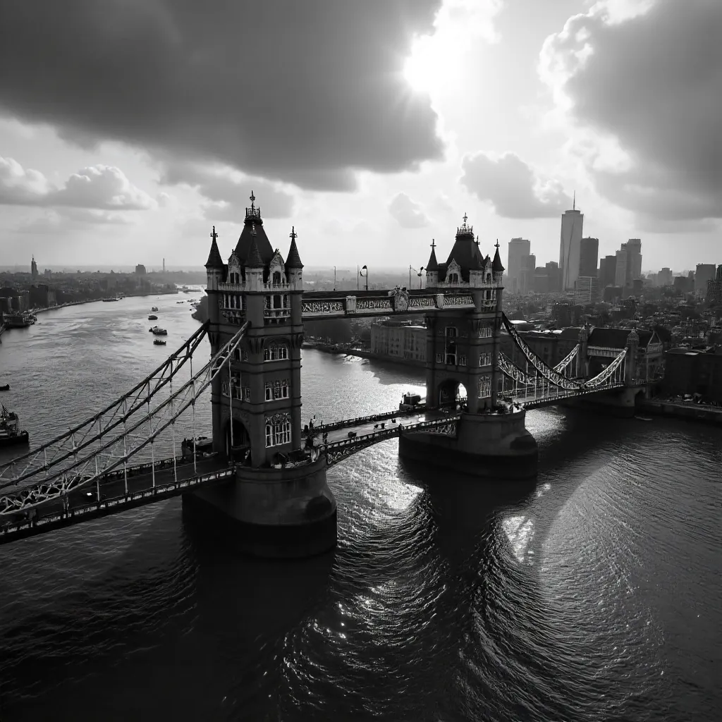 Aerial Noir: Tower Bridge and London Skyline in Black and White