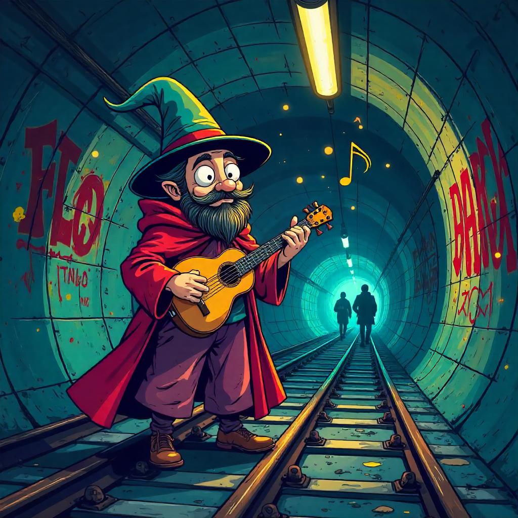 Cartoon Bard Performing in a Subway Tunnel