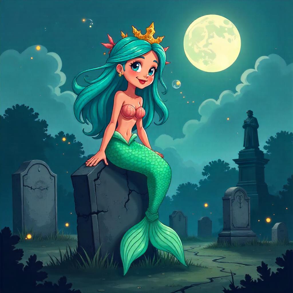 Cartoon Siren in a Moonlit Graveyard