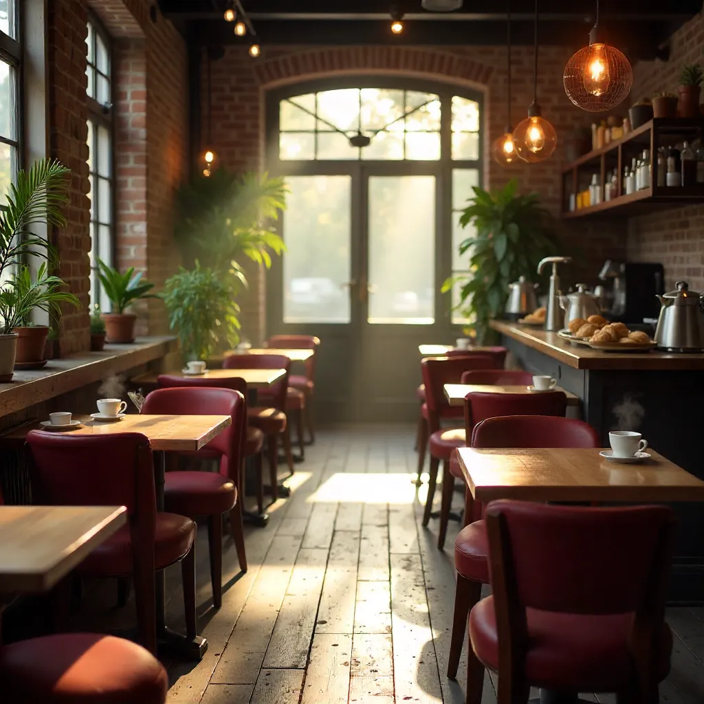 Cozy Warm Café Ambience with Red Chairs and Wood Tables