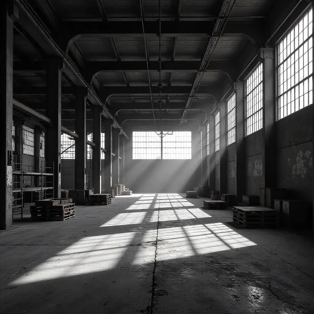Moody Black-and-White Industrial Warehouse Interior