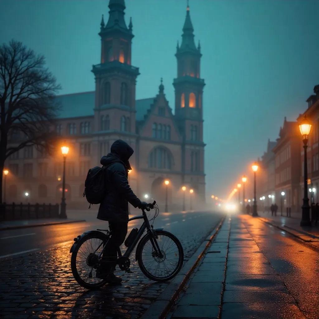 Lone Cyclist Before Foggy Hamburg Rathaus at Night