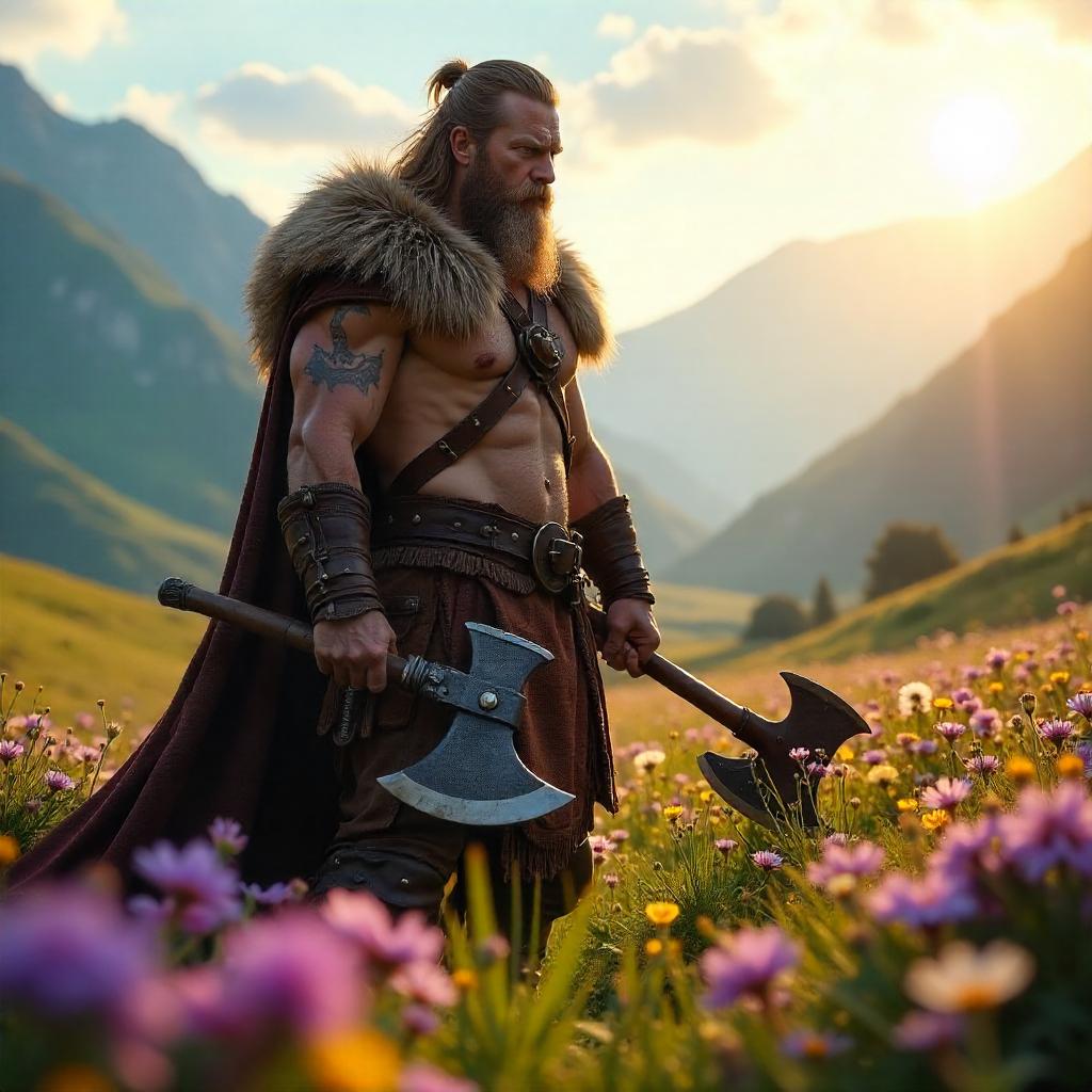 Photoreal Barbarian in a Sunset Flower Field