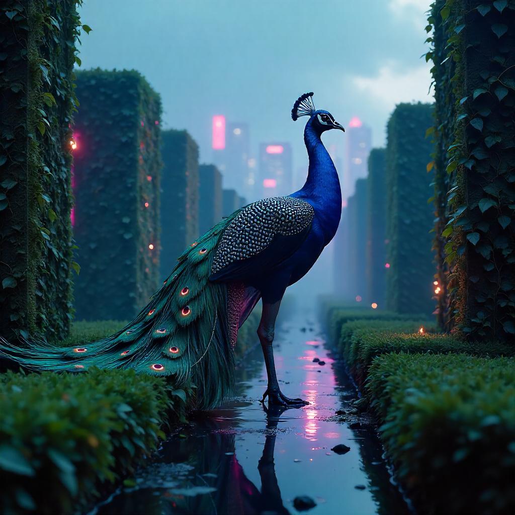 Neon Cyberpunk Peacock in a Hedge Maze