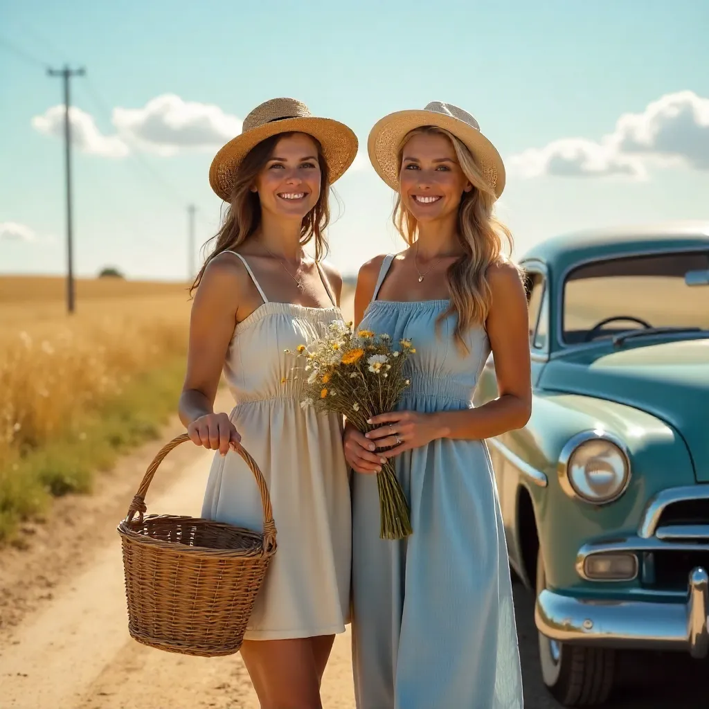 Sunlit Rural Road: Two Women with Flowers
