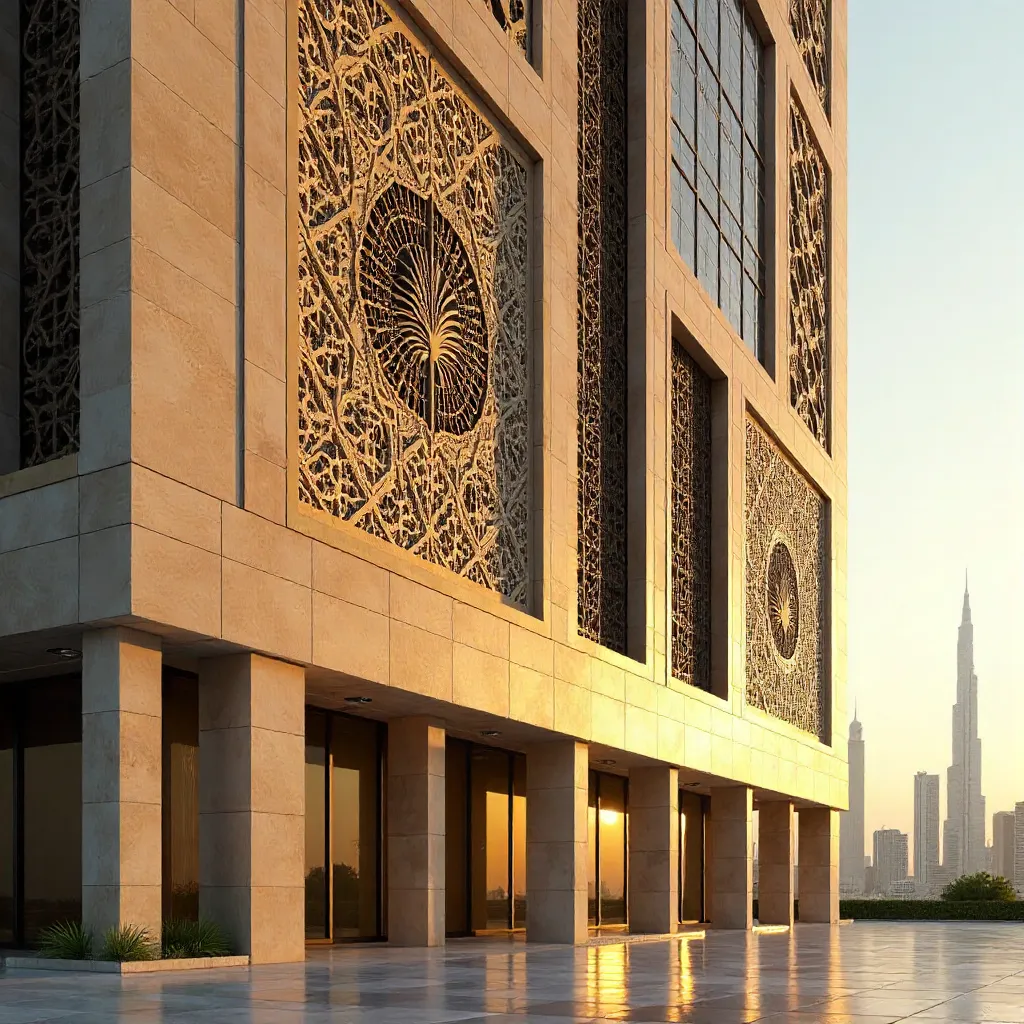Dubai Facade: Geometric Palm Leaf Patterns
