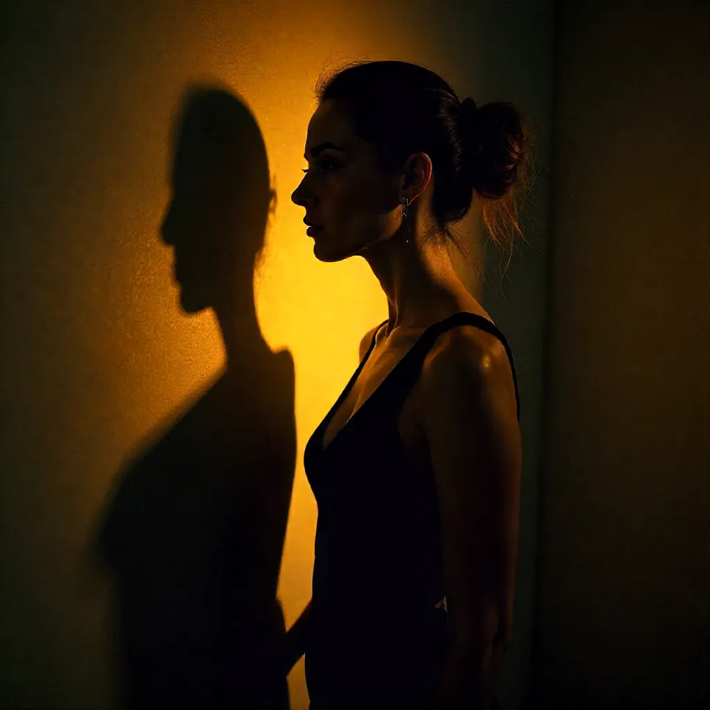 Golden Shadows Moody Portrait Against the Wall
