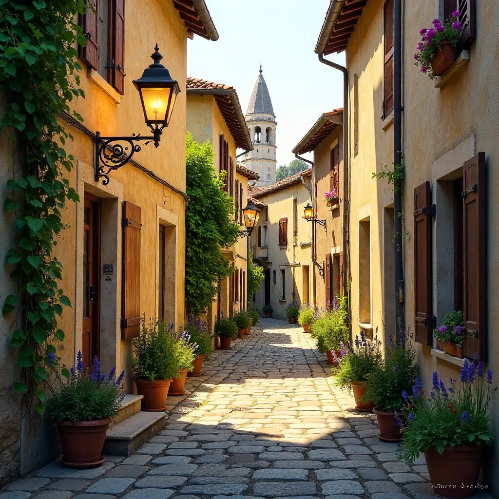 Lamp-lit Rustic Street in Occitanie