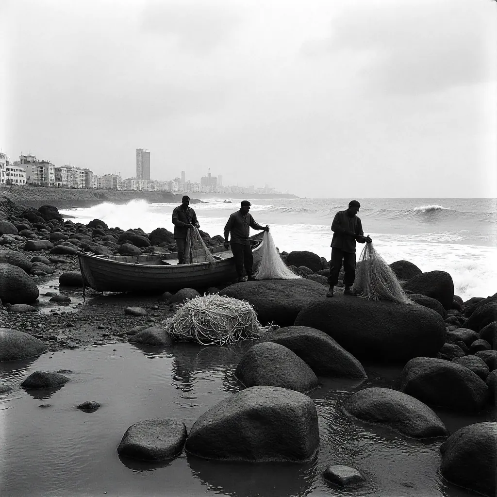 Rabat Atlantic Coast: Fishermen in Black and White