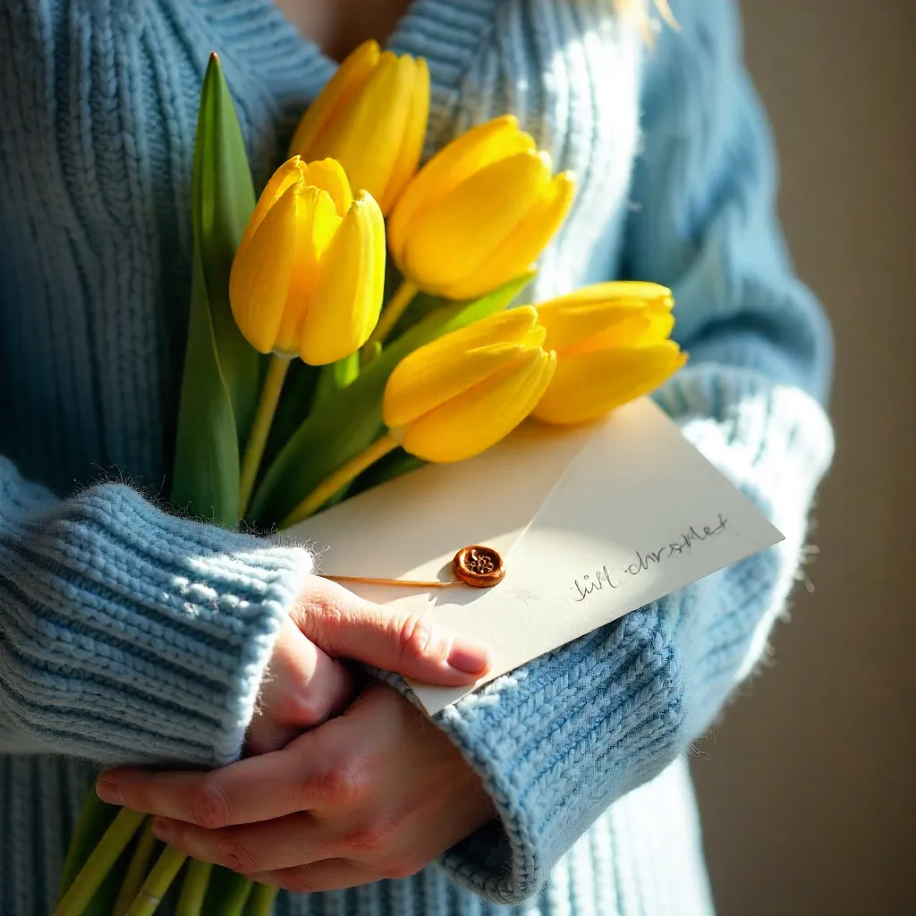 Cozy Blue Sweater with Yellow Tulips and a Delicate Envelope