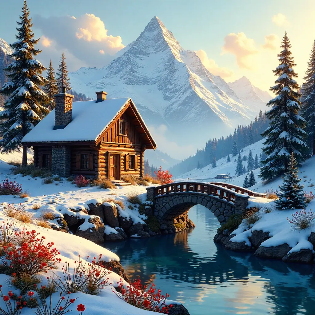 Tranquil Alpine Cottage by Snowy Mountain Bridge