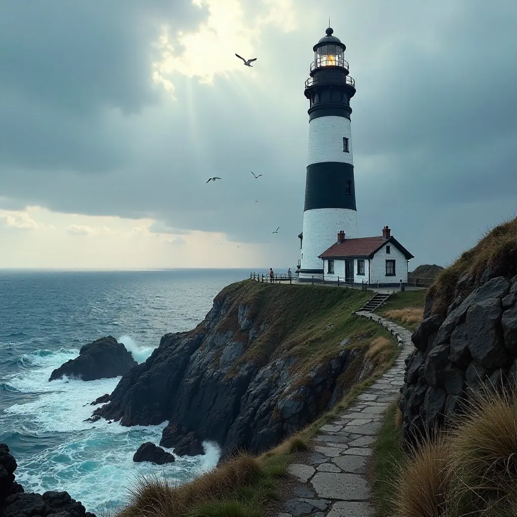 Striped Lighthouse Over Blue Ocean on Rugged Coast
