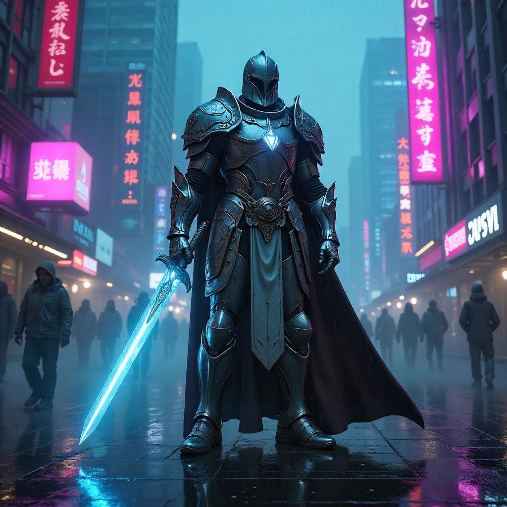 Neon-Fog Paladin in a Cyberpunk City