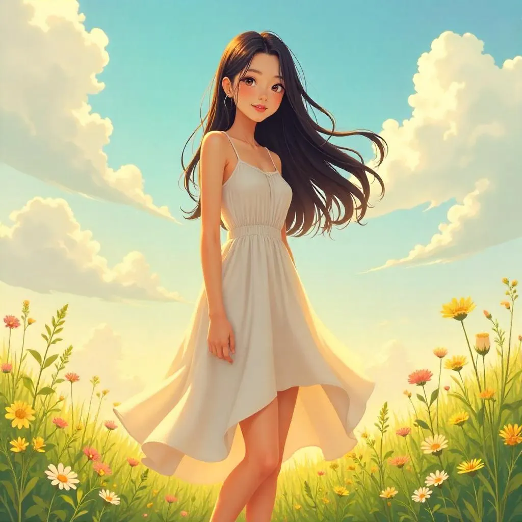 Meadow Dream: Anime-Style Young Woman in Bloom