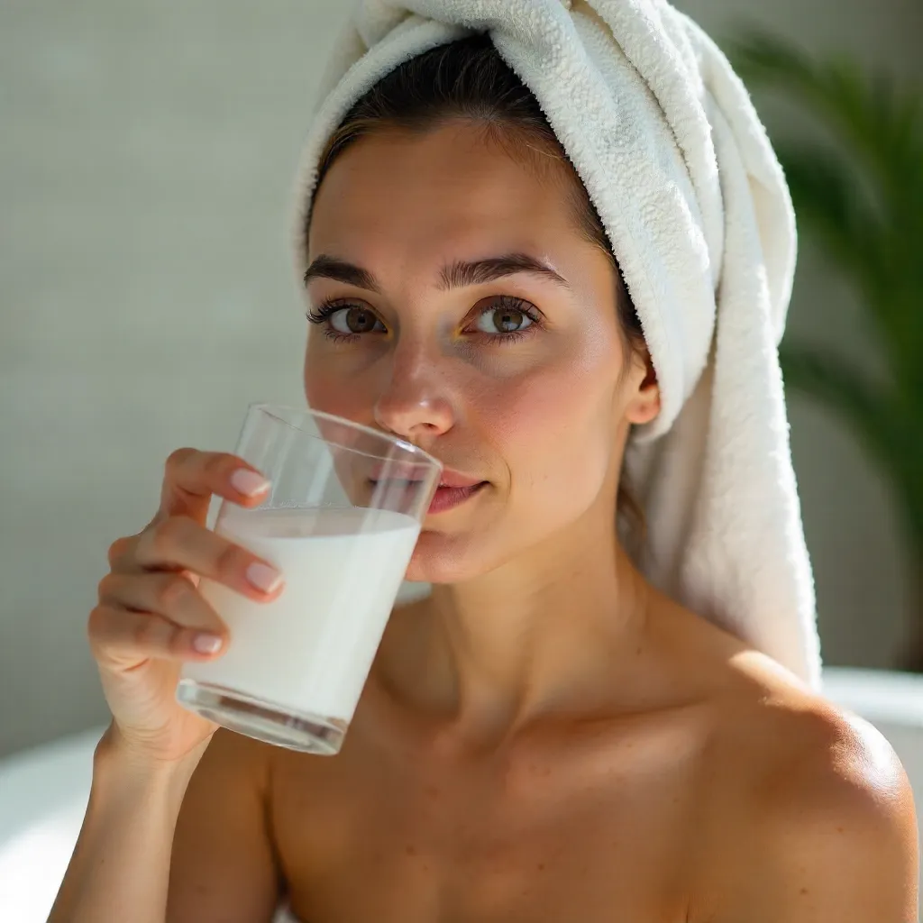 Portrait: Woman with towel-wrapped hair drinking water
