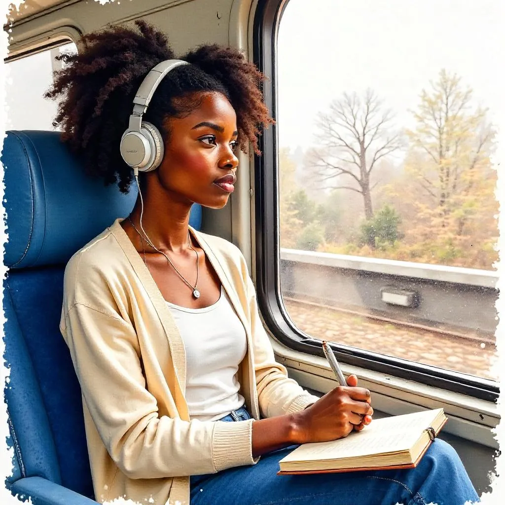 Watercolor Portrait of a Young Black Woman on a Train