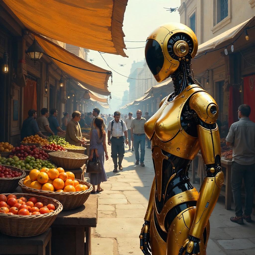 AI Construct in a Bustling Market
