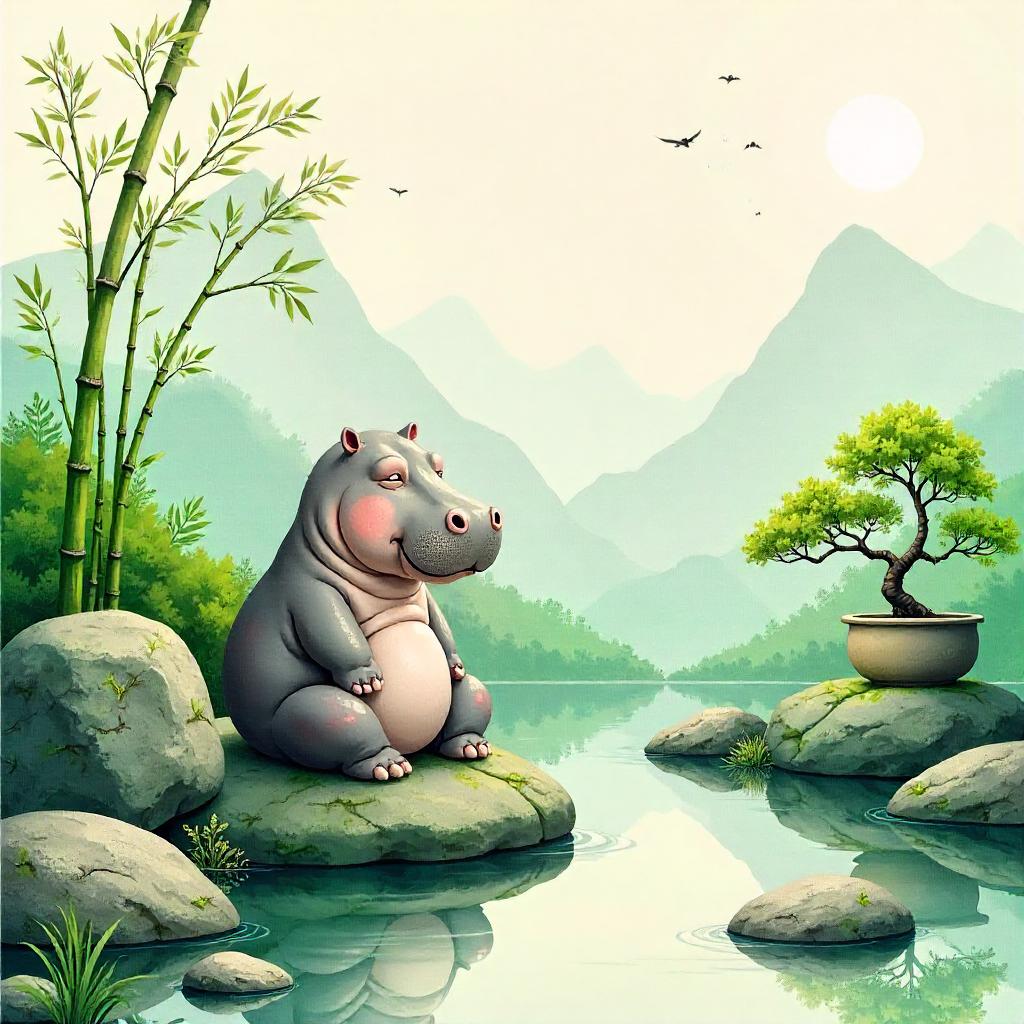 Watercolor Hippo in a Zen Garden