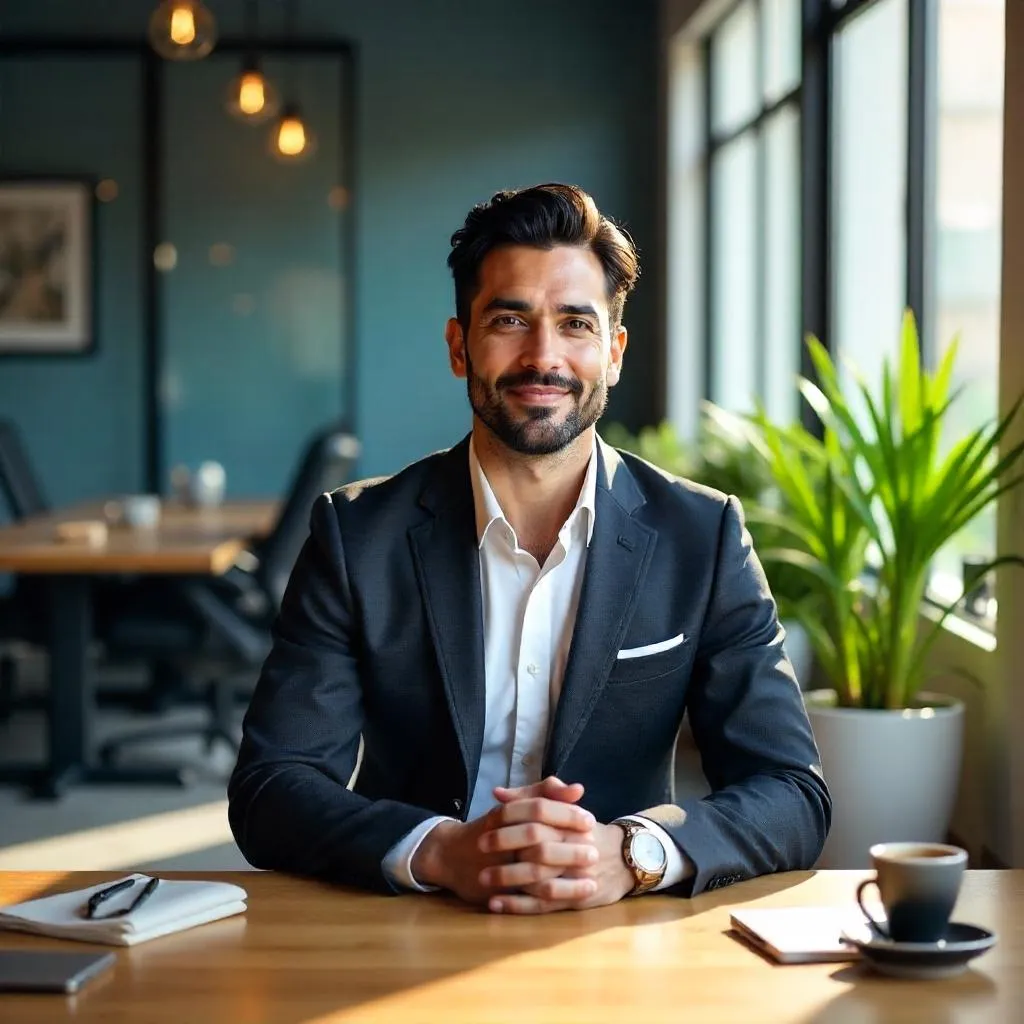 Elegant Latino Man in a Photorealistic Coworking Space