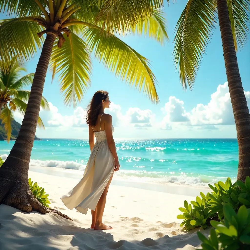 Sunlit Palm Beach Gazer: Woman by the Ocean