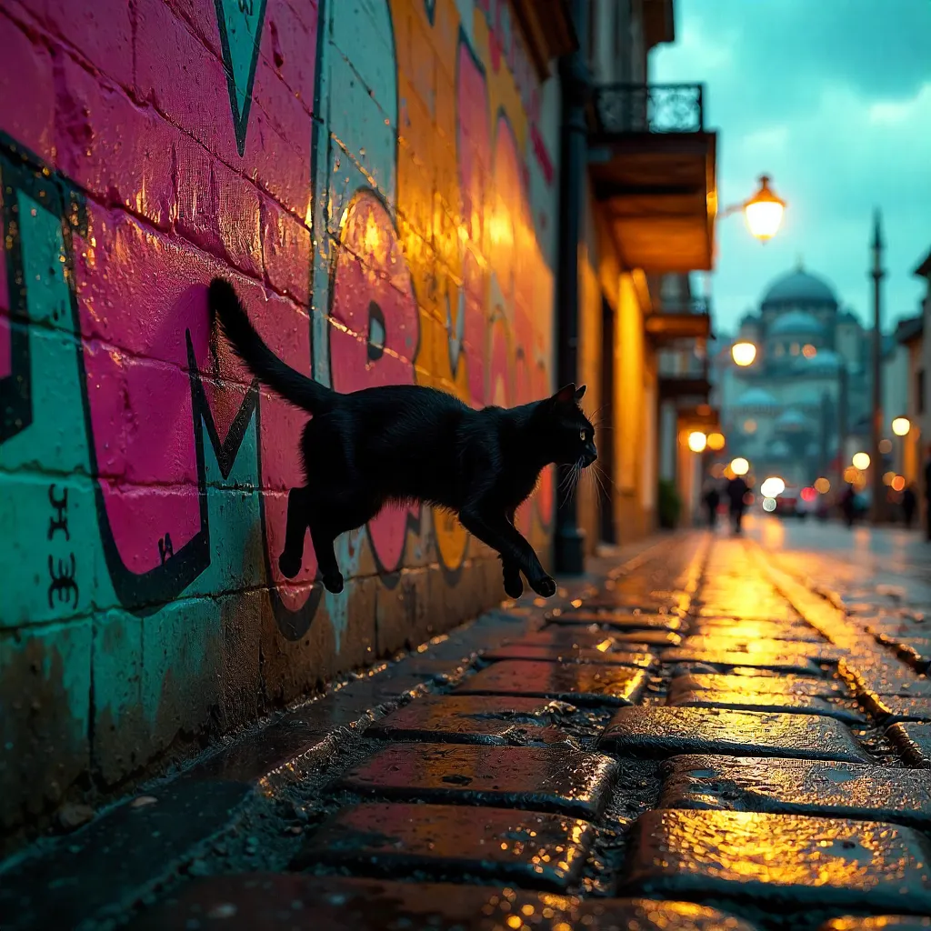 Urban Leap: Black Cat Over Istanbul Graffiti Wall