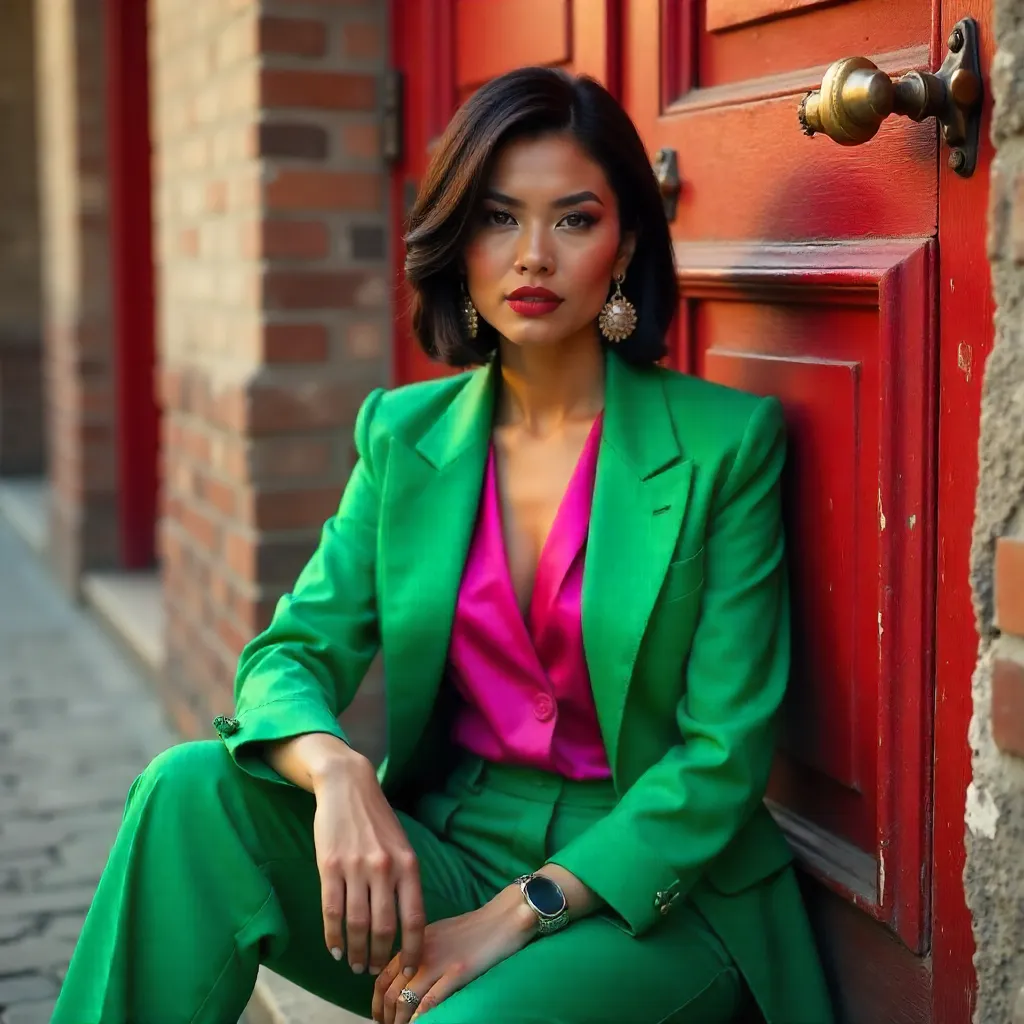 Vibrant Fashion by a Worn Red Door