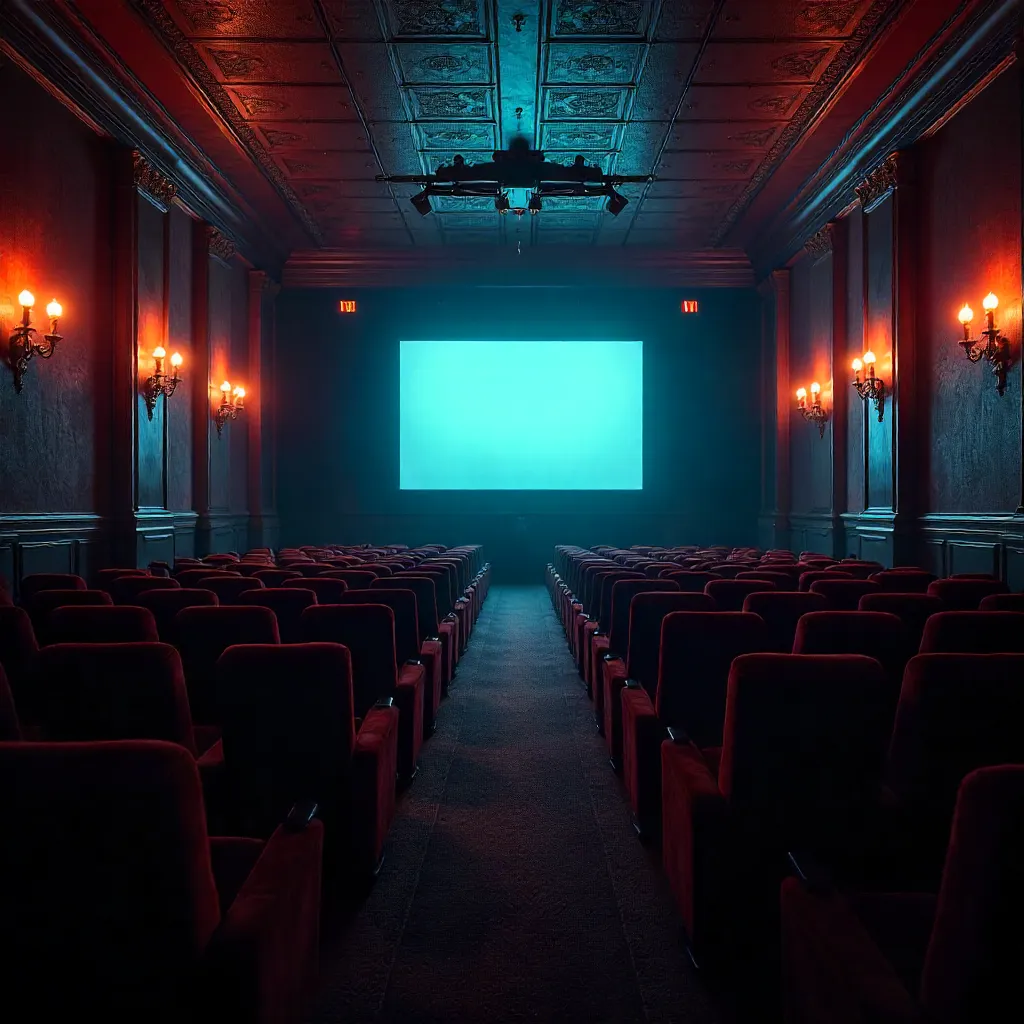 Dimly Lit Empty Cinema with Red Velvet Seats