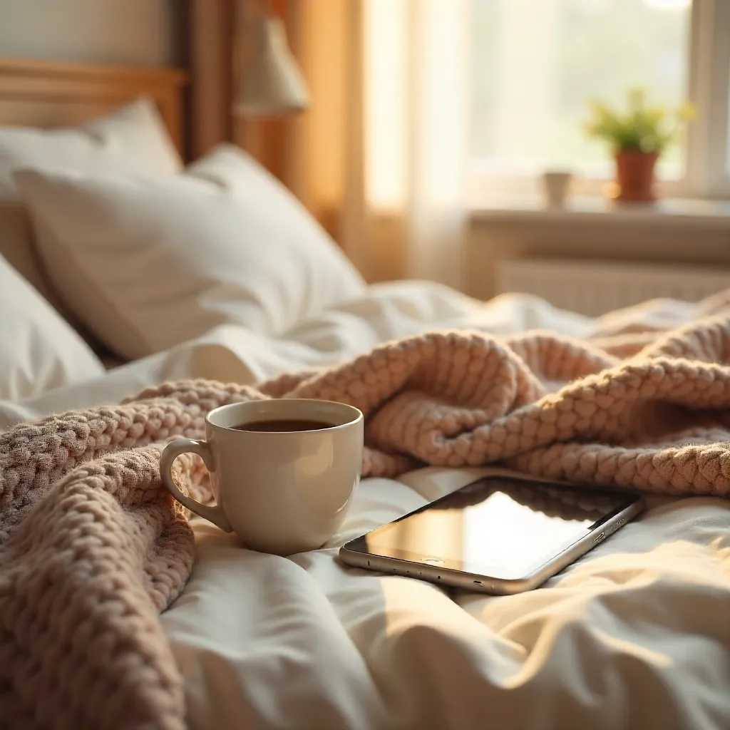 Cozy Bed Setup with Coffee Cup and Tablet