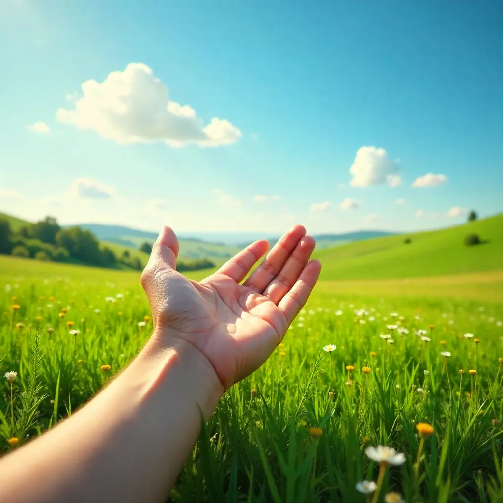 A Hand Reaching Toward Freedom in a Green Landscape